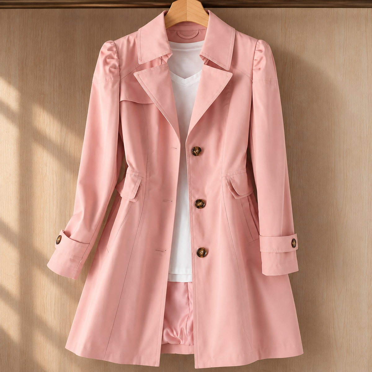Trench Coat Cotton Blend Lightweight Tailored with Flared Hem