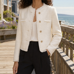 Jacket Polyester Textured Cropped Collarless with Fringed Edges