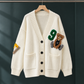 Bear Motif Cardigan with Dropped Shoulders