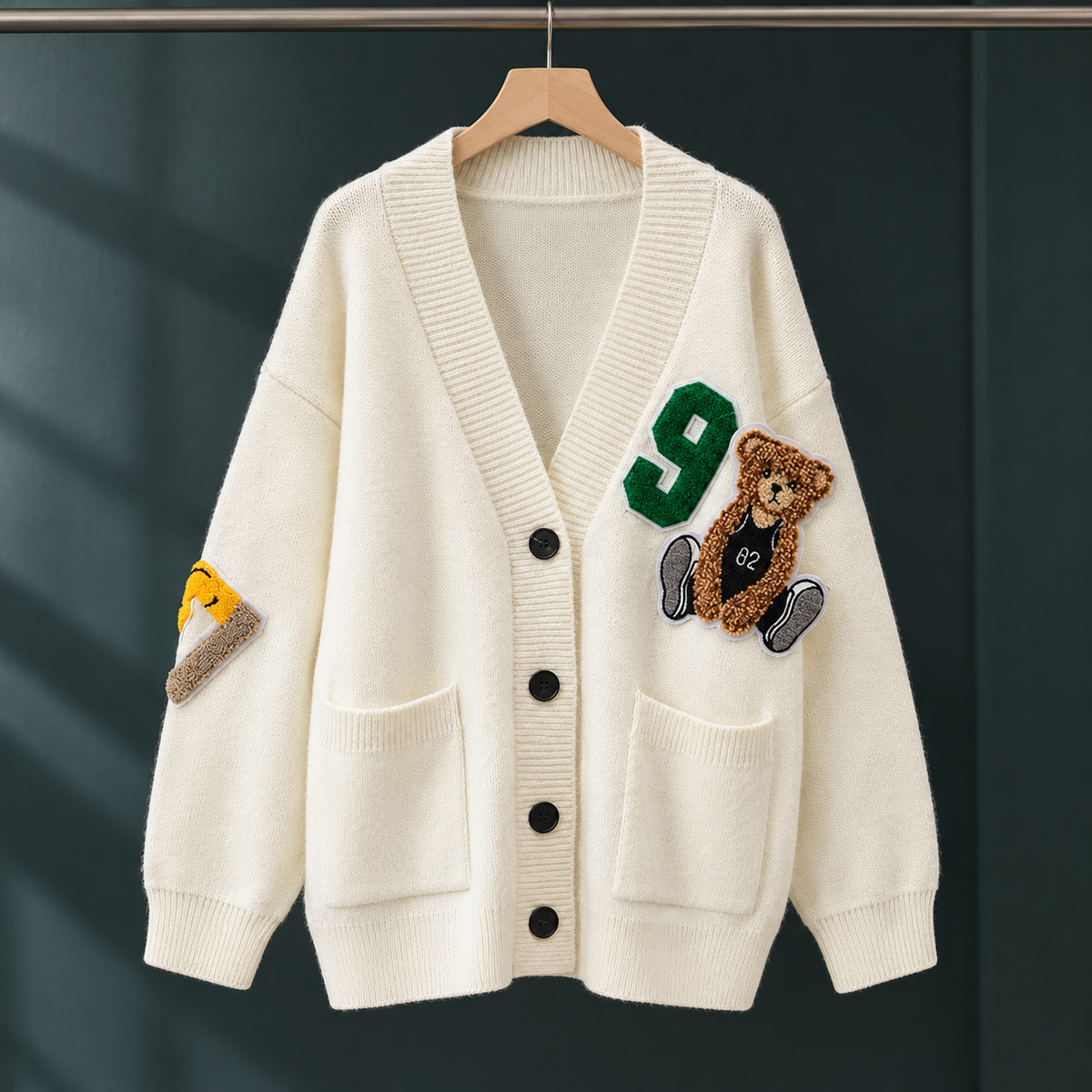 Bear Motif Cardigan with Dropped Shoulders