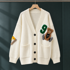 Bear Motif Cardigan with Dropped Shoulders