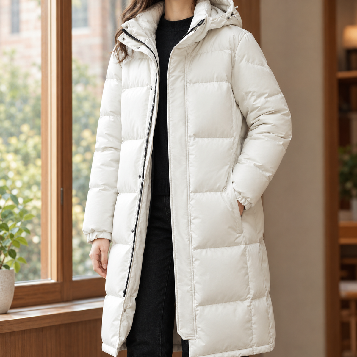 Hooded Jacket Cashmere-Feel Longline Padded with Zip and Snap Closure
