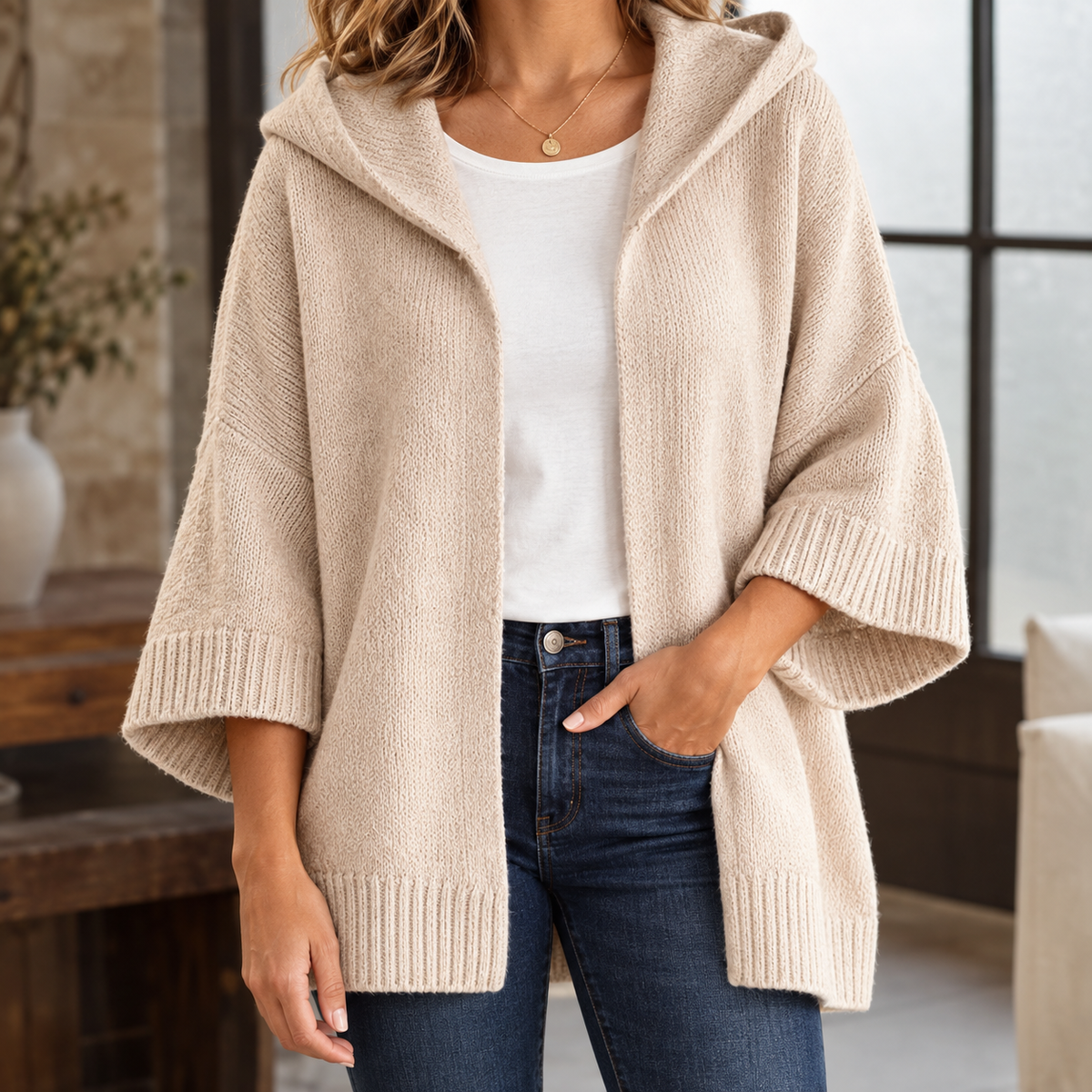 Cotton-Blend Hooded Cardigan with Easy Drape