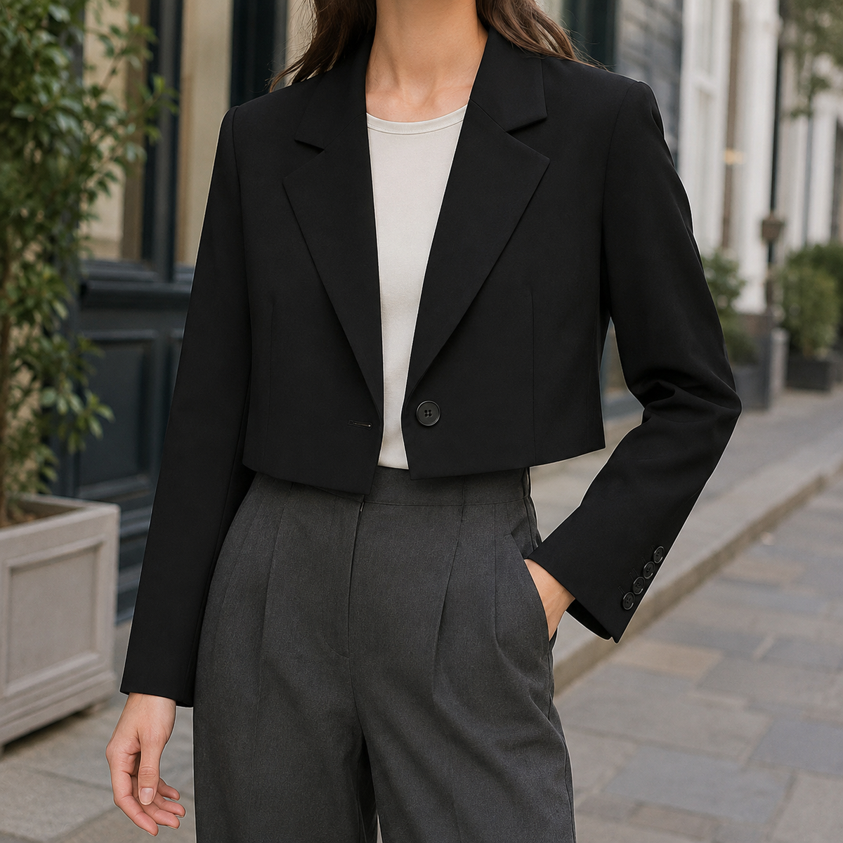 Blazer Polyester Cropped Relaxed with Broad Lapels and Single Button
