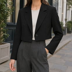 Blazer Polyester Cropped Relaxed with Broad Lapels and Single Button