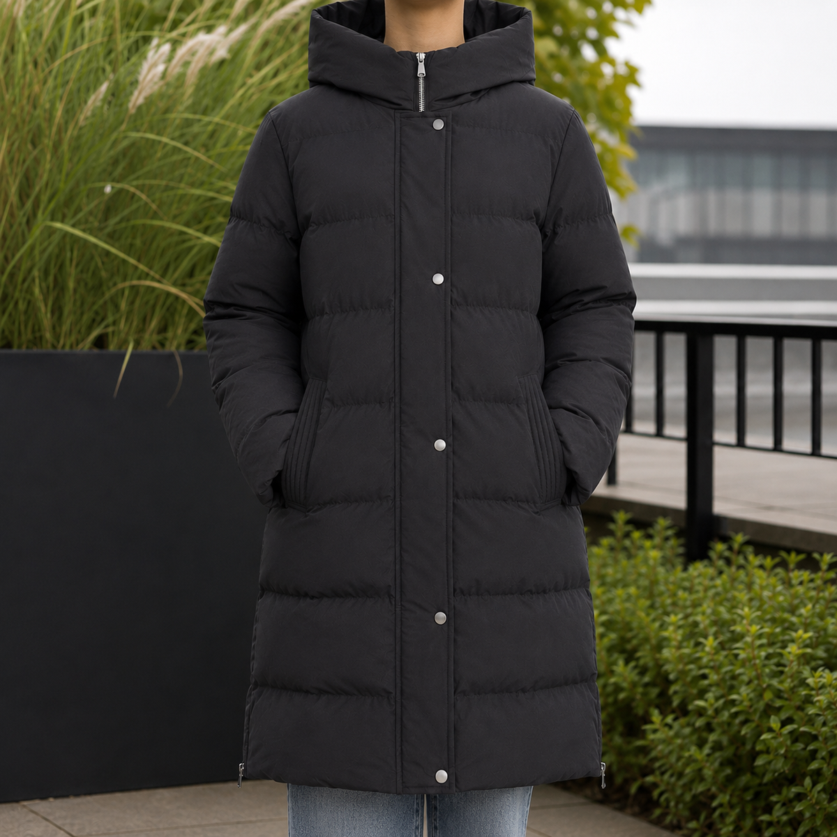 Puffer Jacket Polyester Longline with Padded Hood and Side Vents