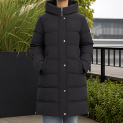 Puffer Jacket Polyester Longline with Padded Hood and Side Vents