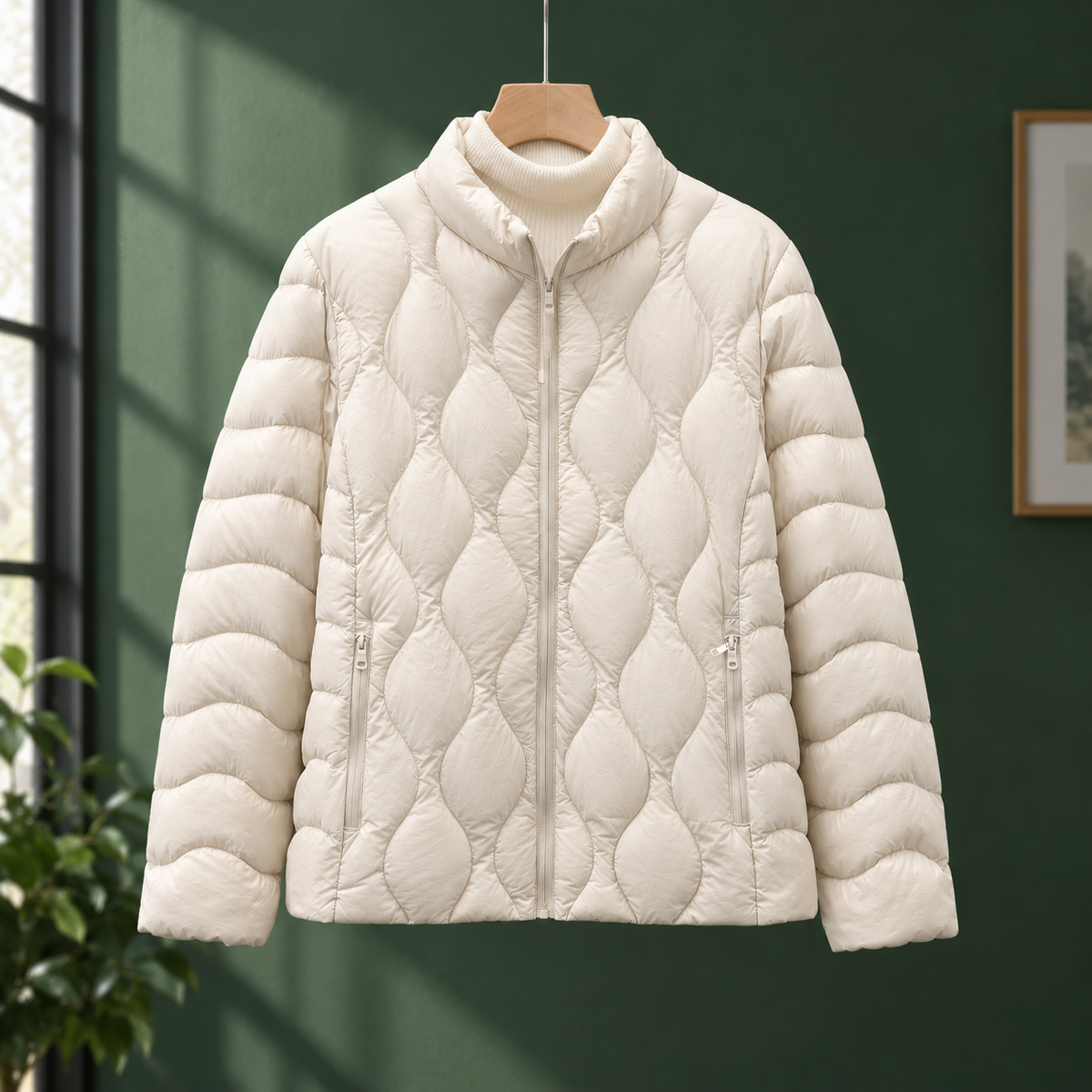 Quilted Jacket Duck Down Filled with Wave Quilting and Full Zip