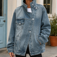 Denim Jacket Washed Oversized with Funnel Collar, Offset Buttons