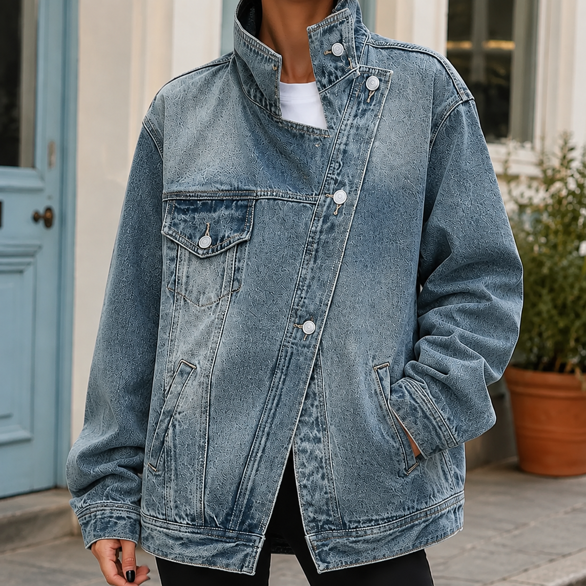 Denim Jacket Washed Oversized with Funnel Collar, Offset Buttons