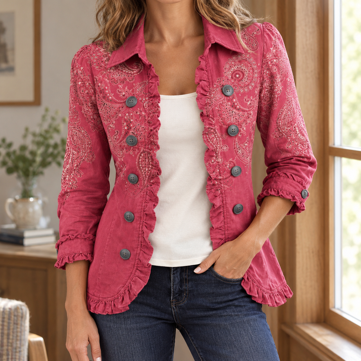 Jacket Polyester Paisley with Pointed Collar and Ruffled Edging