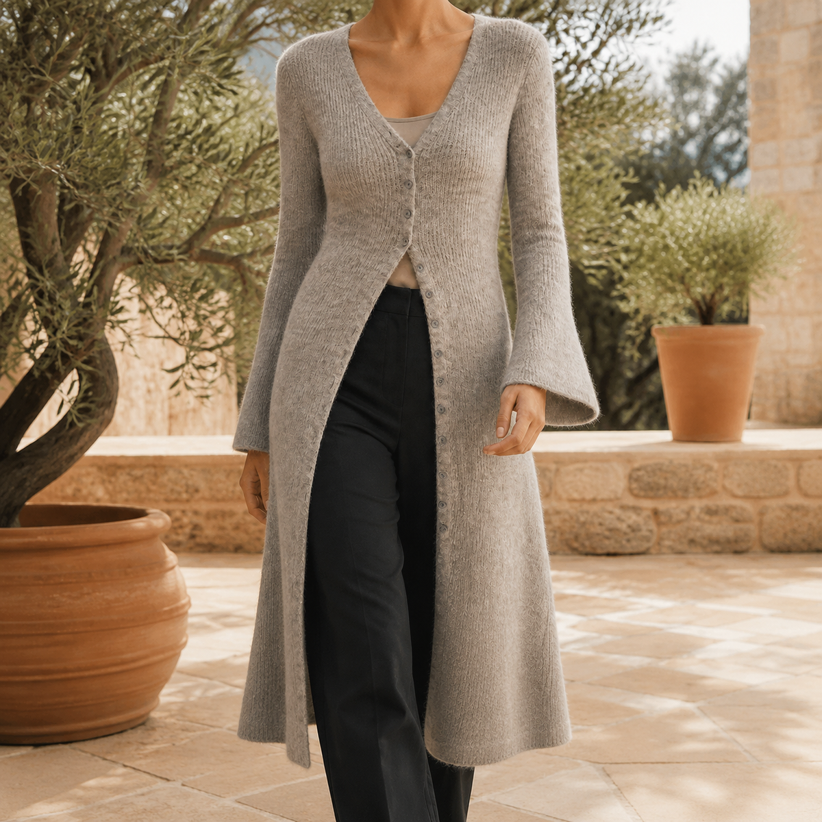 Wool-Blend V-Neck Longline Cardigan