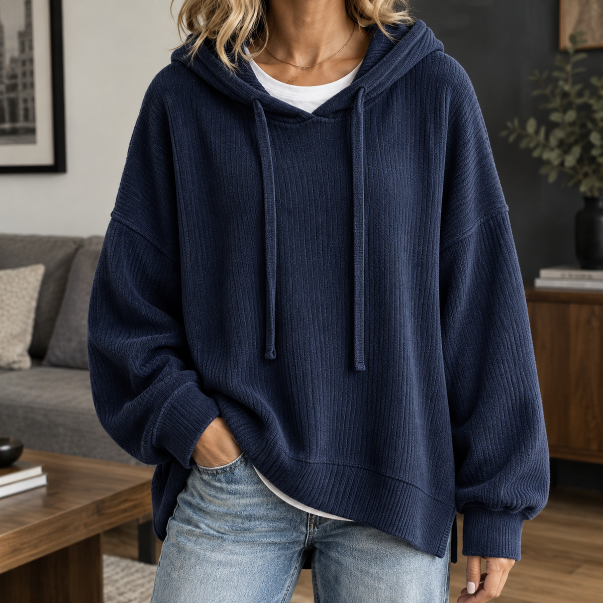 Ribbed Roomy Hoodie with Dropped Shoulders