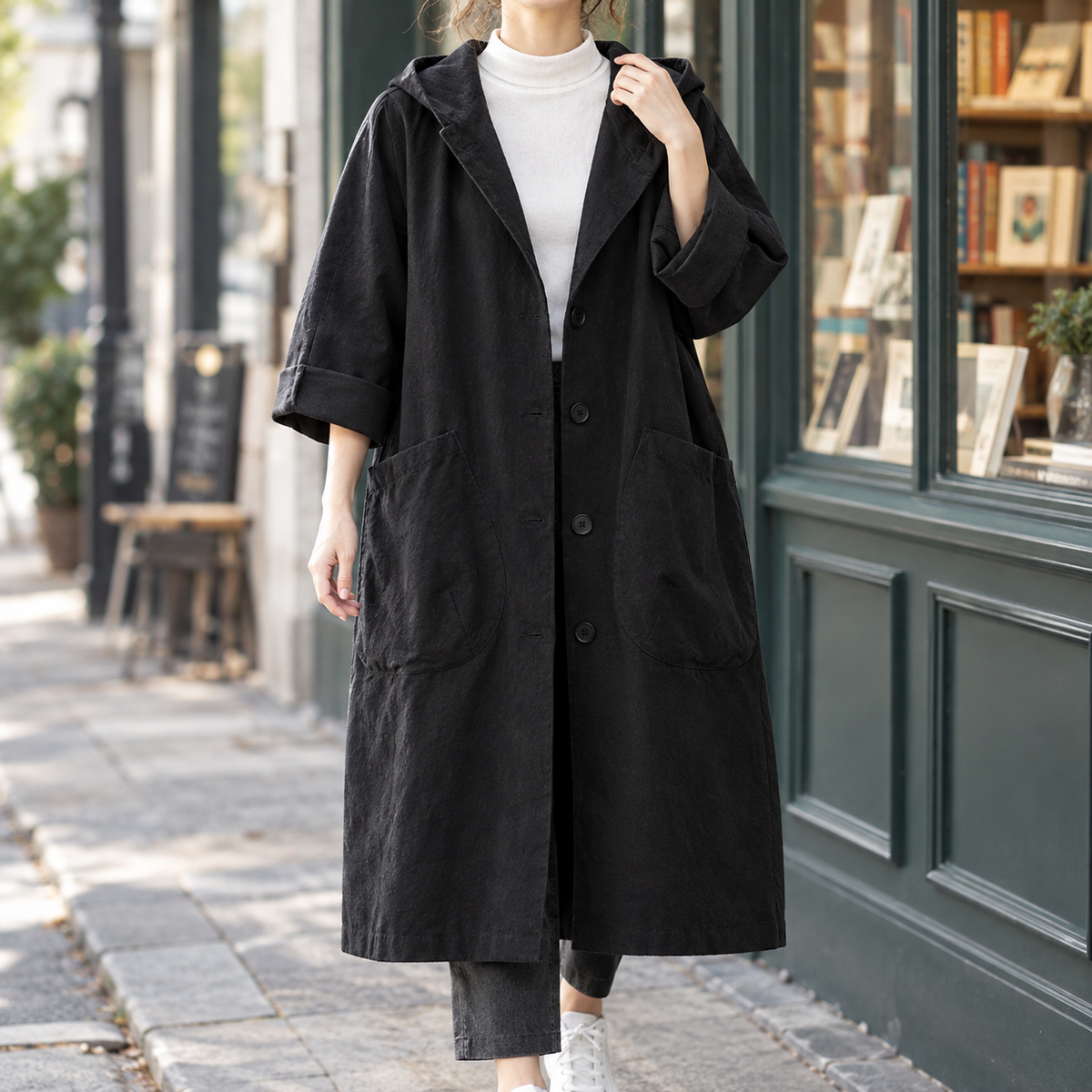 Hooded Coat Polyester Longline Relaxed with Oversized Patch Pockets