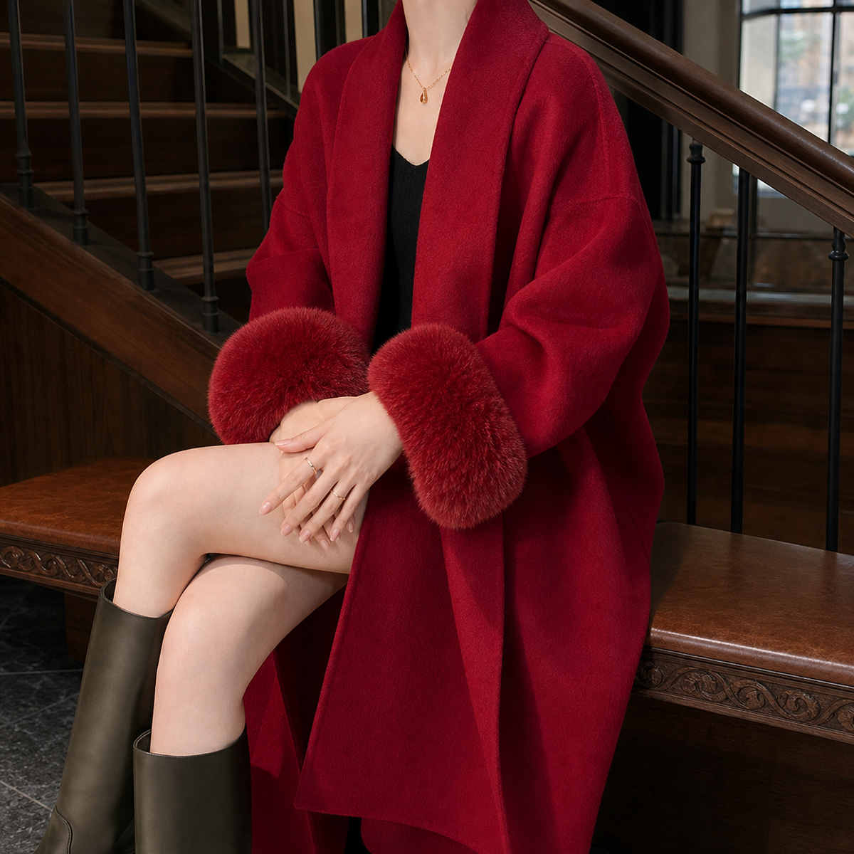 Coat Cashmere-Feel Brushed Polyester with Shawl Collar and Open Front