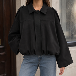 Bomber Jacket Faux Suede Relaxed with Dropped Shoulders and Bubble Hem