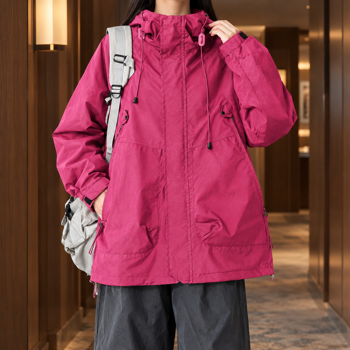 Hooded Jacket Cotton Blend Relaxed Mid-Length with Concealed Zip