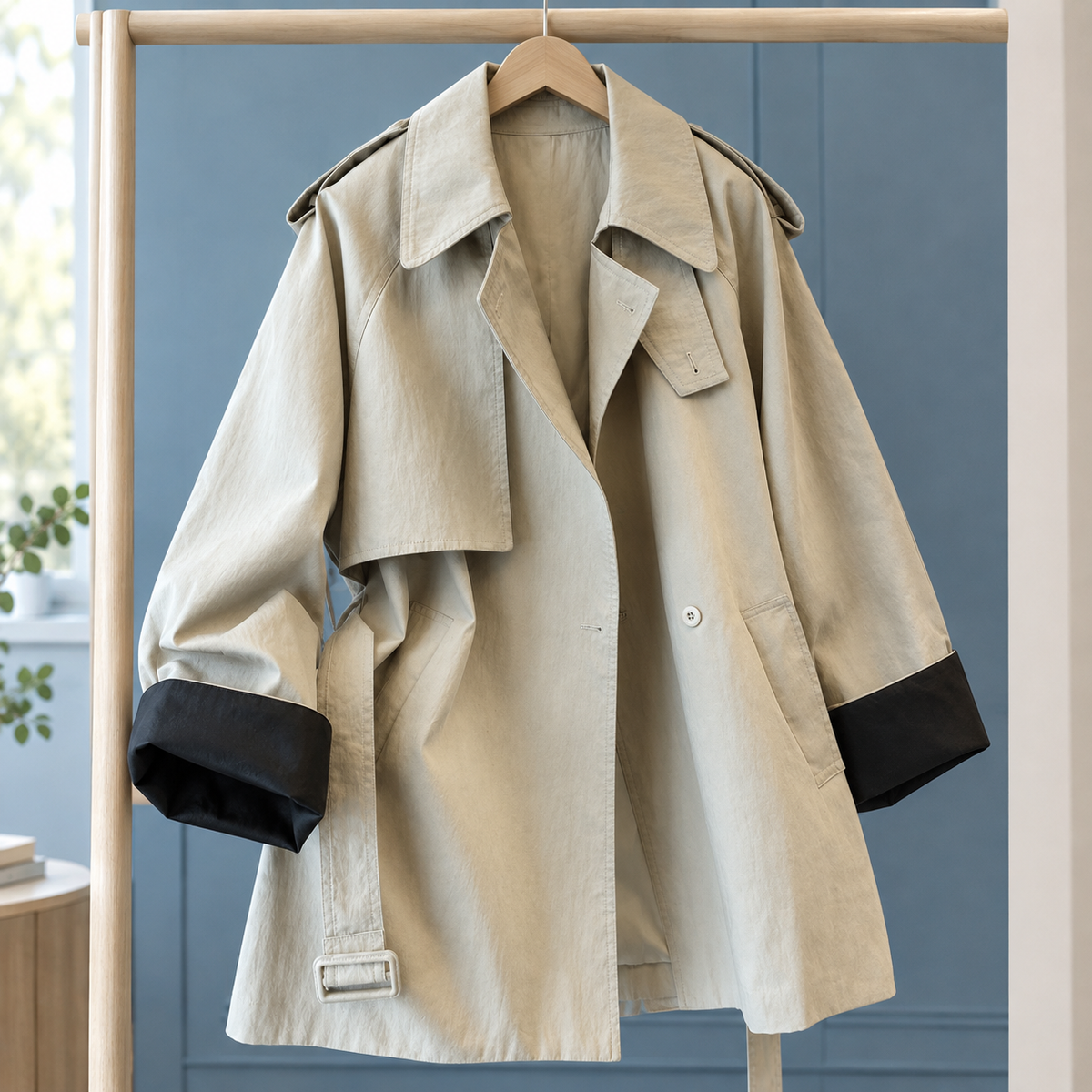 Overcoat Cotton Blend Belted with Oversized Collar and Turn-Back Cuffs