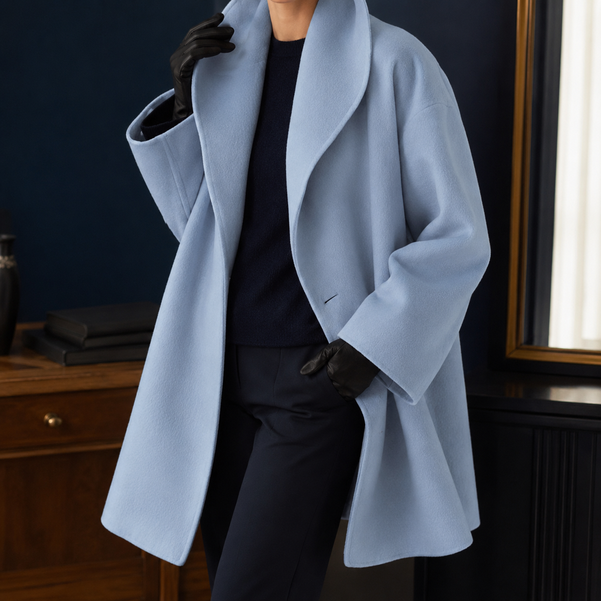 Coat Polyester Oversized Mid-Length with Broad Lapel Collar
