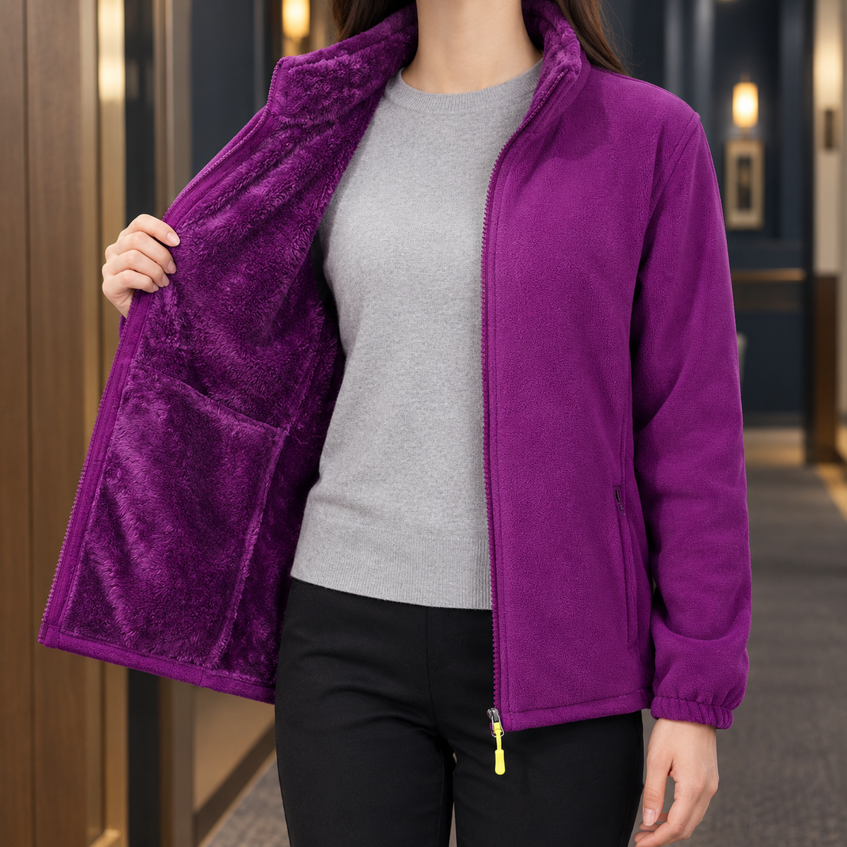 Fleece Jacket with Stand Collar, Full Zip and Zip Pockets
