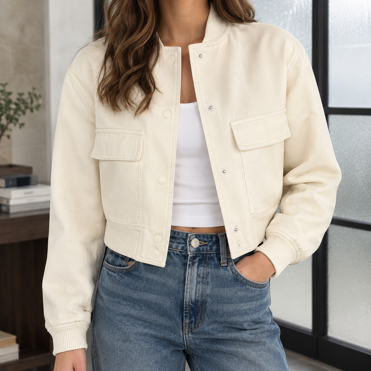 Cropped Utility Jacket Polyester with Ribbed Collar and Chest Pockets