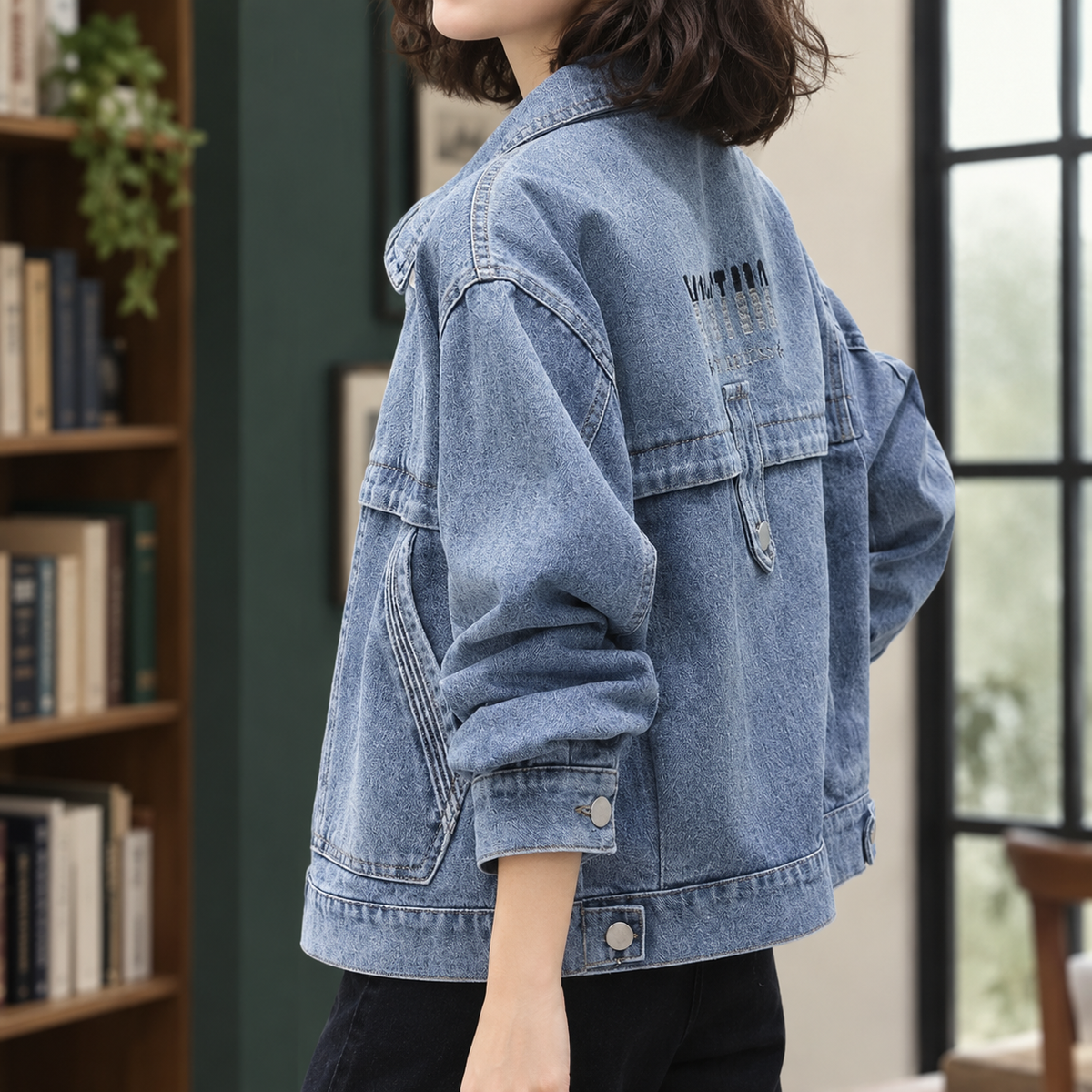 Denim Jacket Washed Relaxed with Layered Back Yoke and Button Tabs