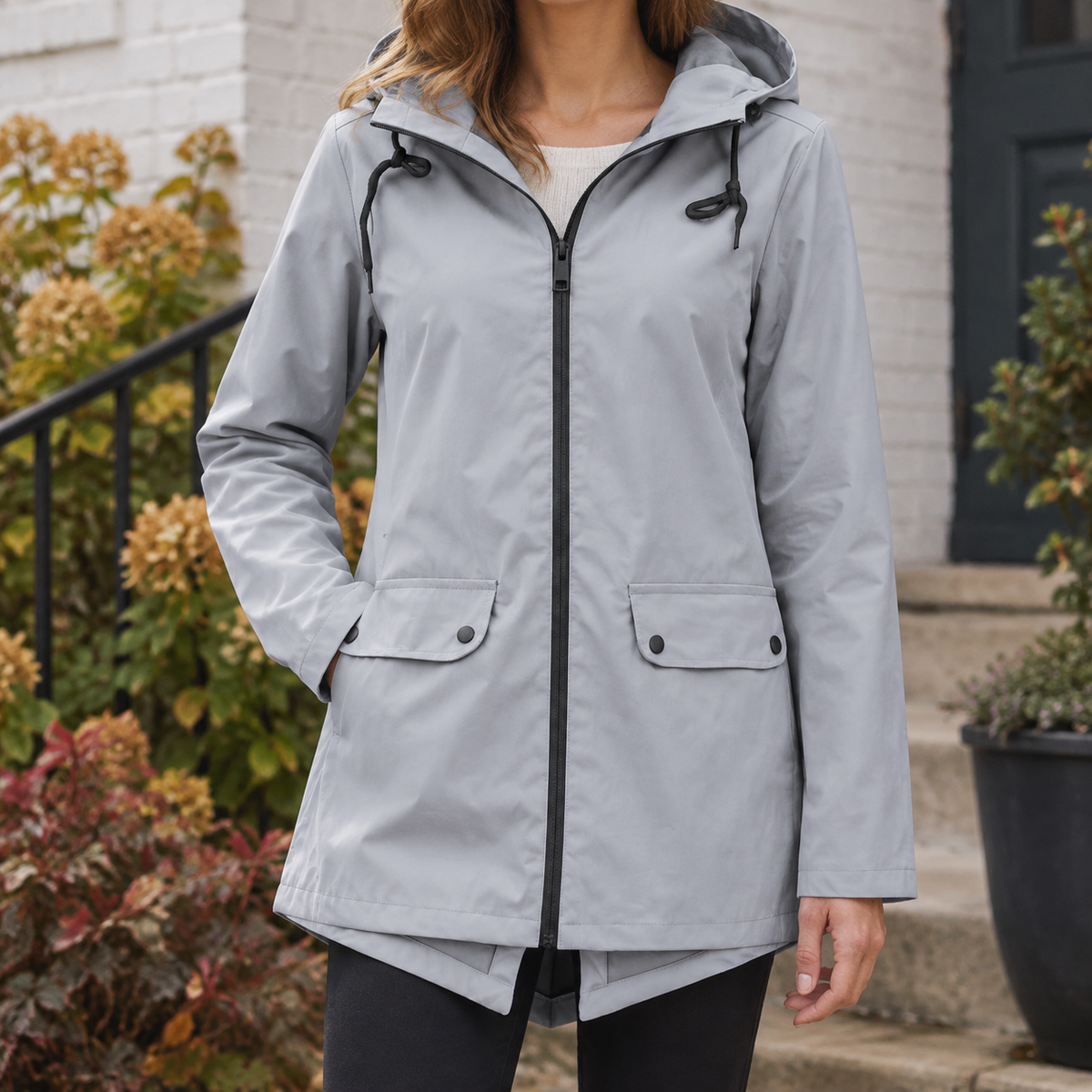 Hooded Jacket Polyester Straight with Full Zip and Fishtail Hem
