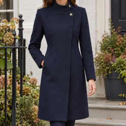 Coat Wool Blend Tailored with Stand Collar and Silky Scarf