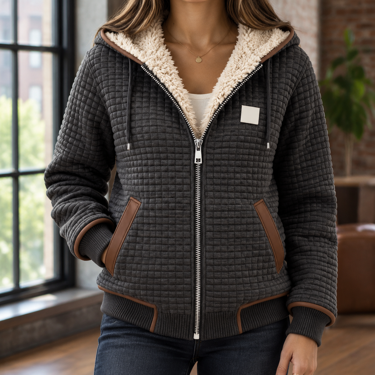 Quilted Jacket Polyester Sherpa Lined with Hood and Full Zip
