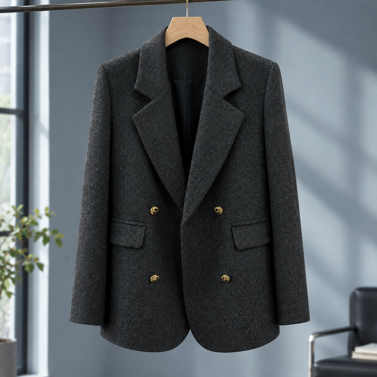 Blazer Polyester Double-Breasted with Broad Peak Lapels and Pockets