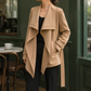 Trench Jacket Polyester Draped with Waterfall Lapels and Tie Belt