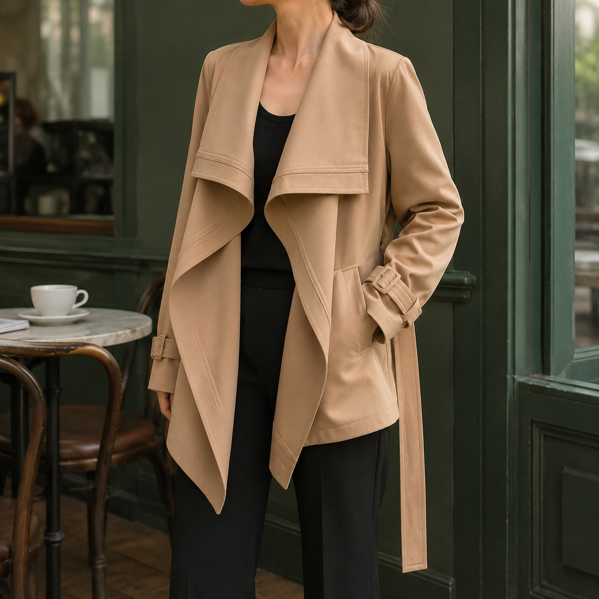 Trench Jacket Polyester Draped with Waterfall Lapels and Tie Belt
