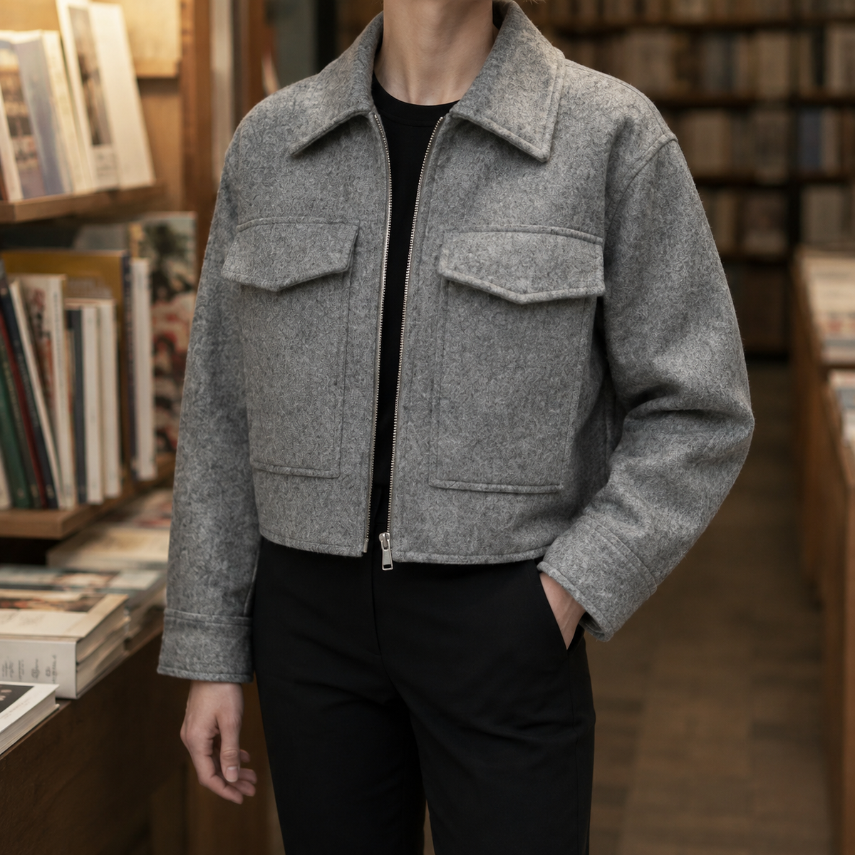 Boxy Jacket Polyester Cropped with Pointed Collar and Flap Pockets