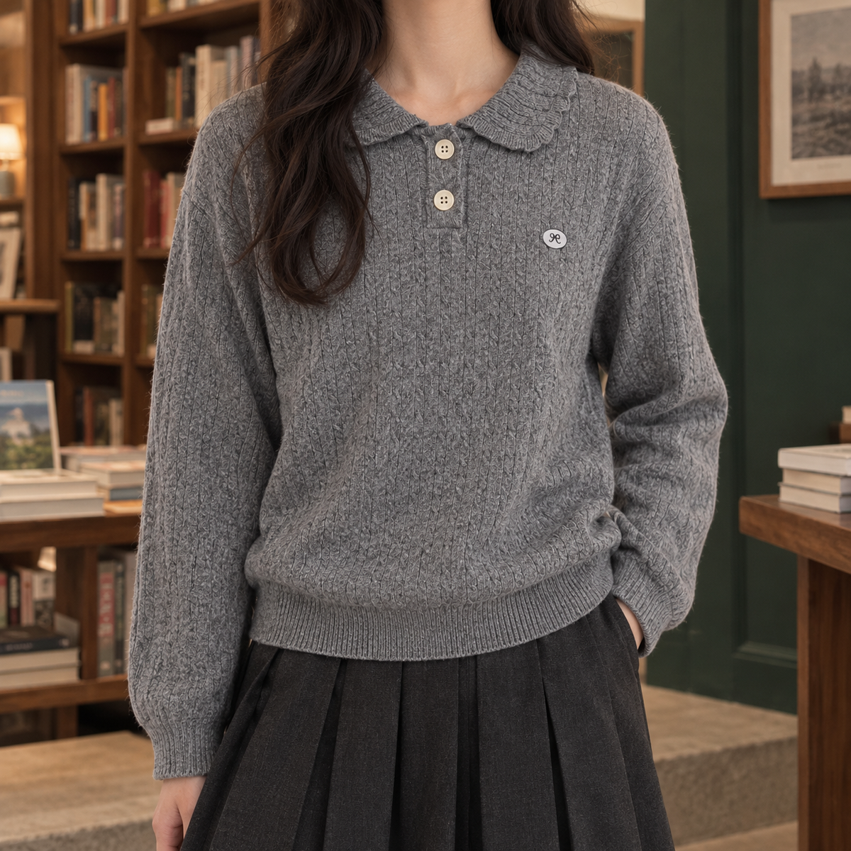 Finely Textured Polo Collar Jumper