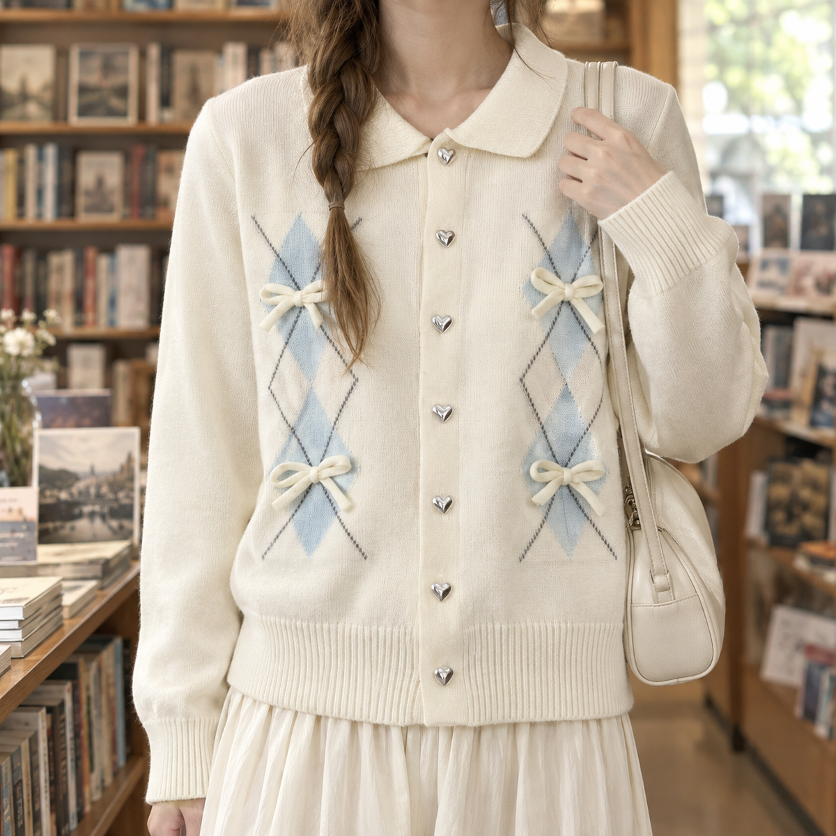 Bow Cardigan with Rounded Collar