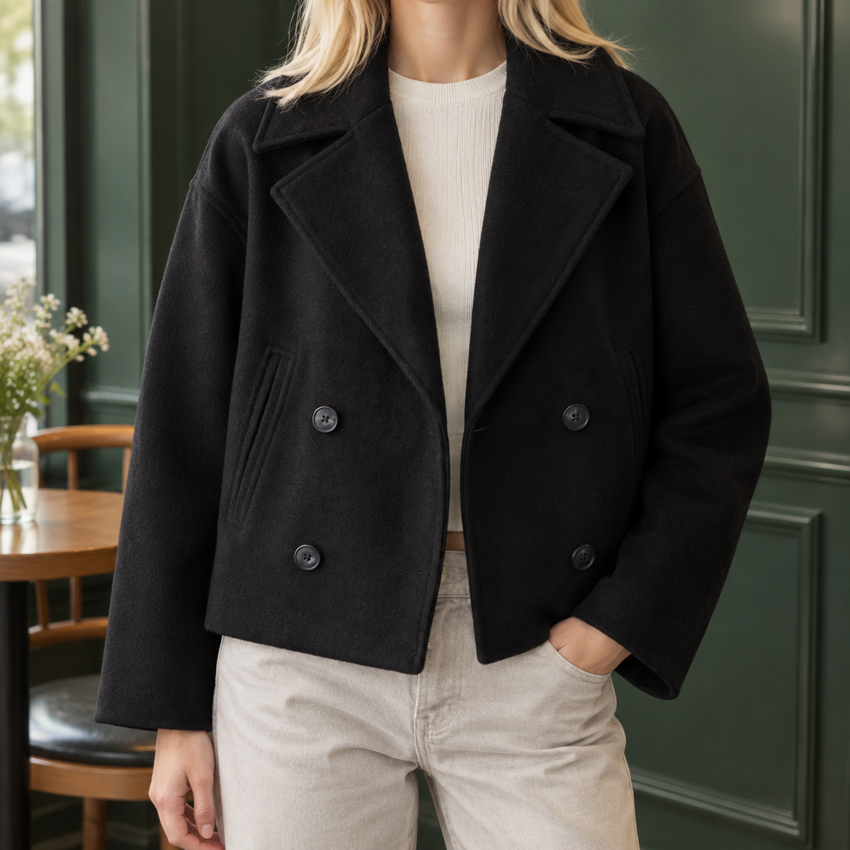 Jacket Wool Blend Double-Breasted Cropped Boxy with Welt Pockets