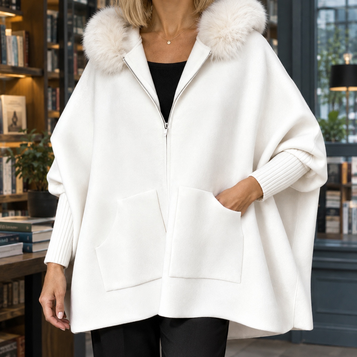 Hooded Jacket Polyester Cape Silhouette with Plush Wool-Blend Trim