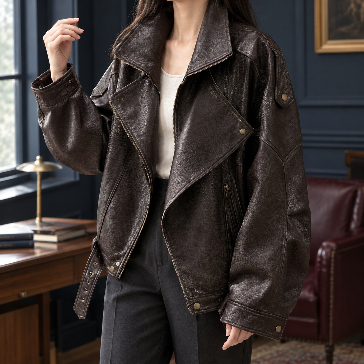 Moto Jacket Faux Leather Oversized with Asymmetric Zip and Belted Hem