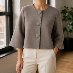 Knit Jacket Polyester Fine Knit Cropped Boxy with Covered Buttons