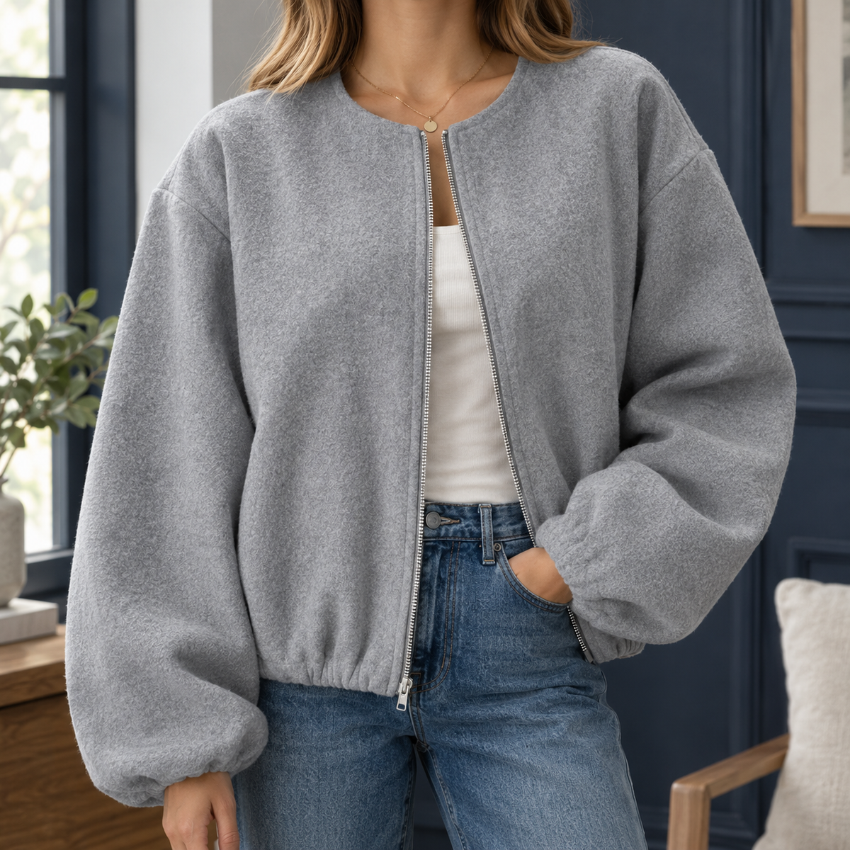 Jacket Polyester Cropped Zip Front with Balloon Sleeves and Round Neck
