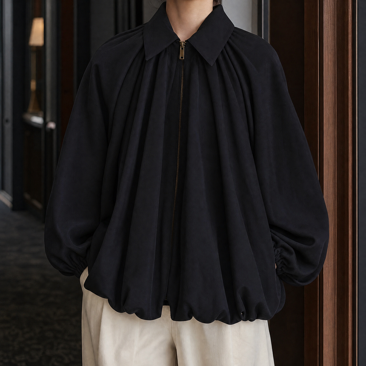 Batwing Jacket Polyester Relaxed with Point Collar and Zip Front