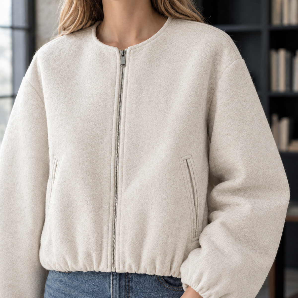 Jacket Polyester Cropped with Balloon Sleeves and Full Zip