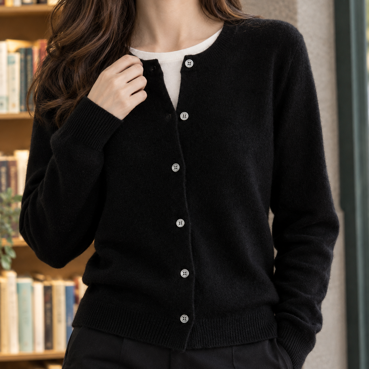Fine Knit Crew Neck Cardigan