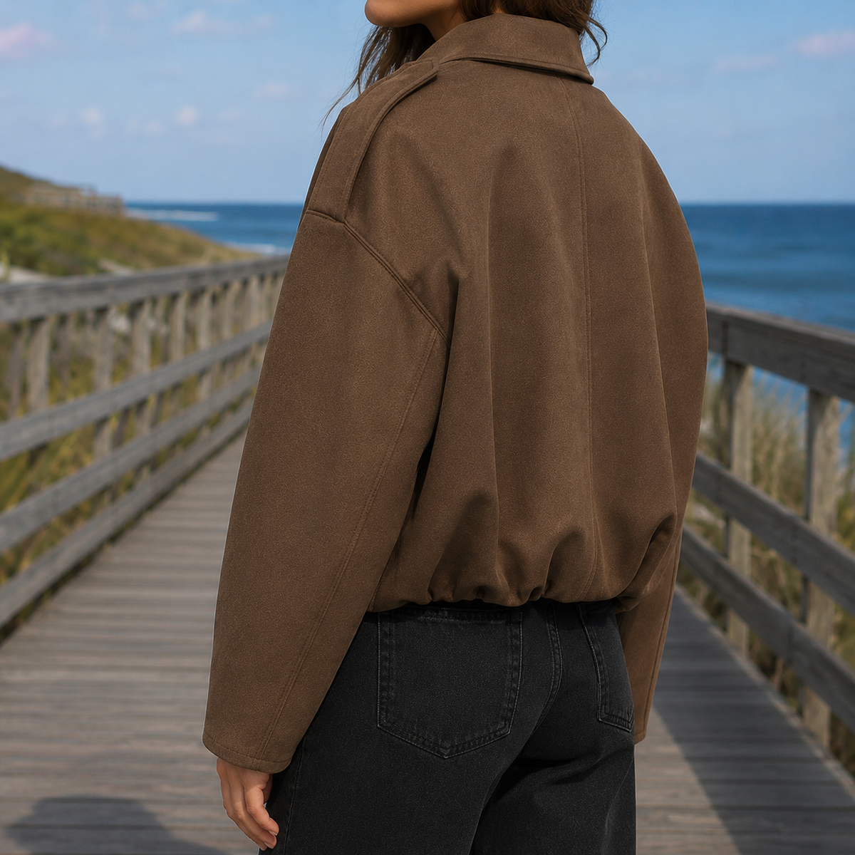 Bomber Jacket Faux Suede Oversized with Concealed Zip and Epaulettes