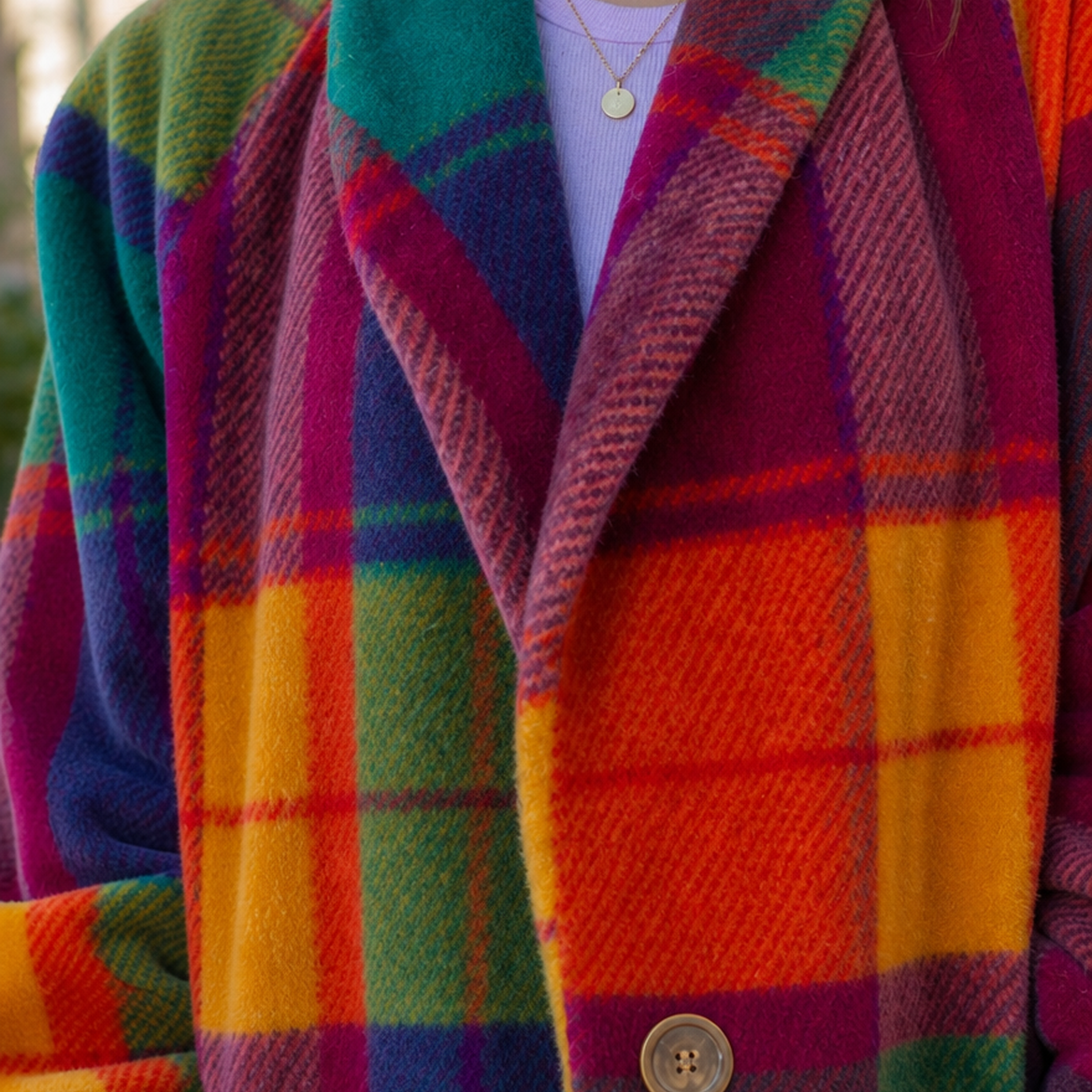 Coat Wool Oversized Plaid Longline with Wide Notched Lapels