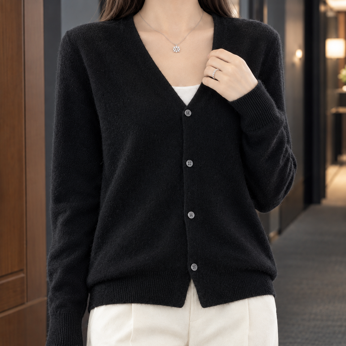 Fine Wool V-Neck Cardigan with Easy Drape