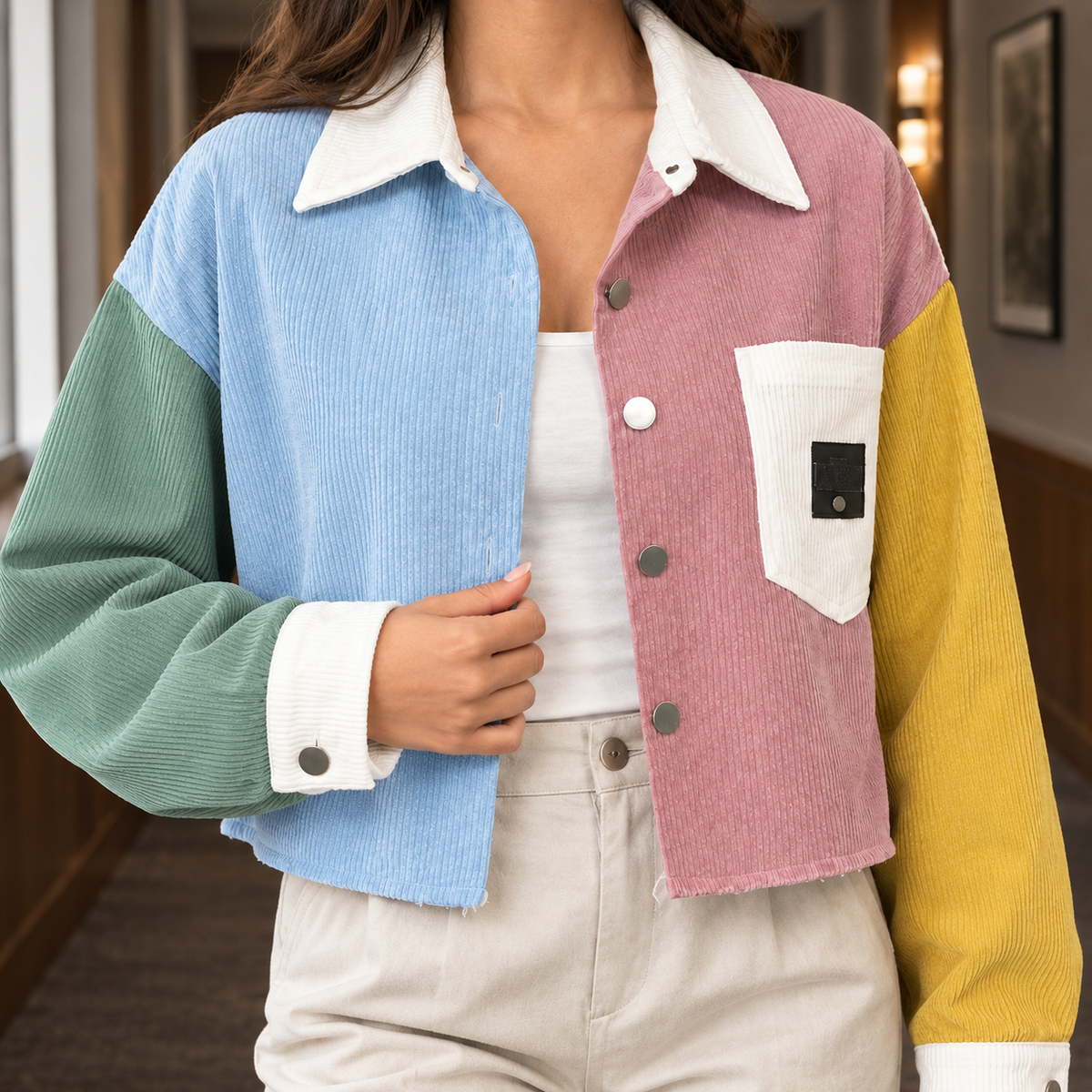 Jacket Corduroy Colourblock Cropped Boxy with Snap Front