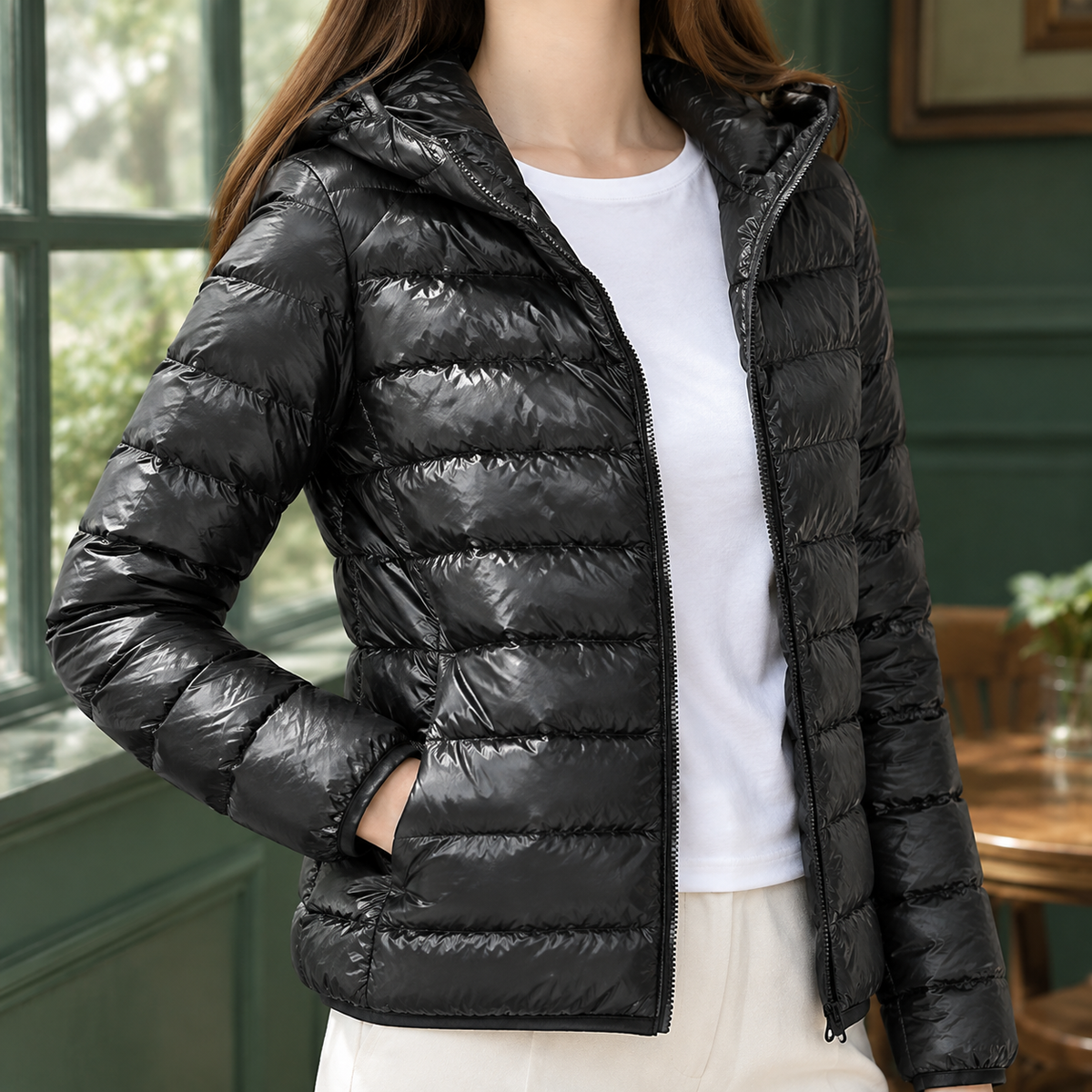Hooded Jacket Cashmere-Feel Slim with White Duck Down and Full Zip