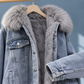 Denim Jacket Hooded with Plush Lining and Four Front Pockets