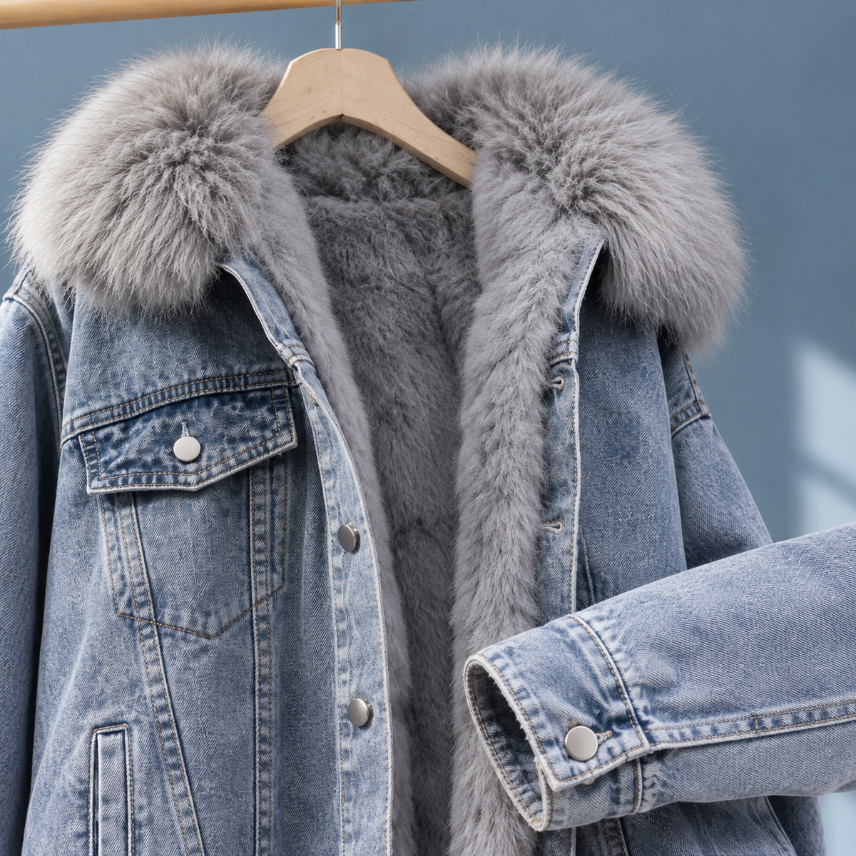 Denim Jacket Hooded with Plush Lining and Four Front Pockets